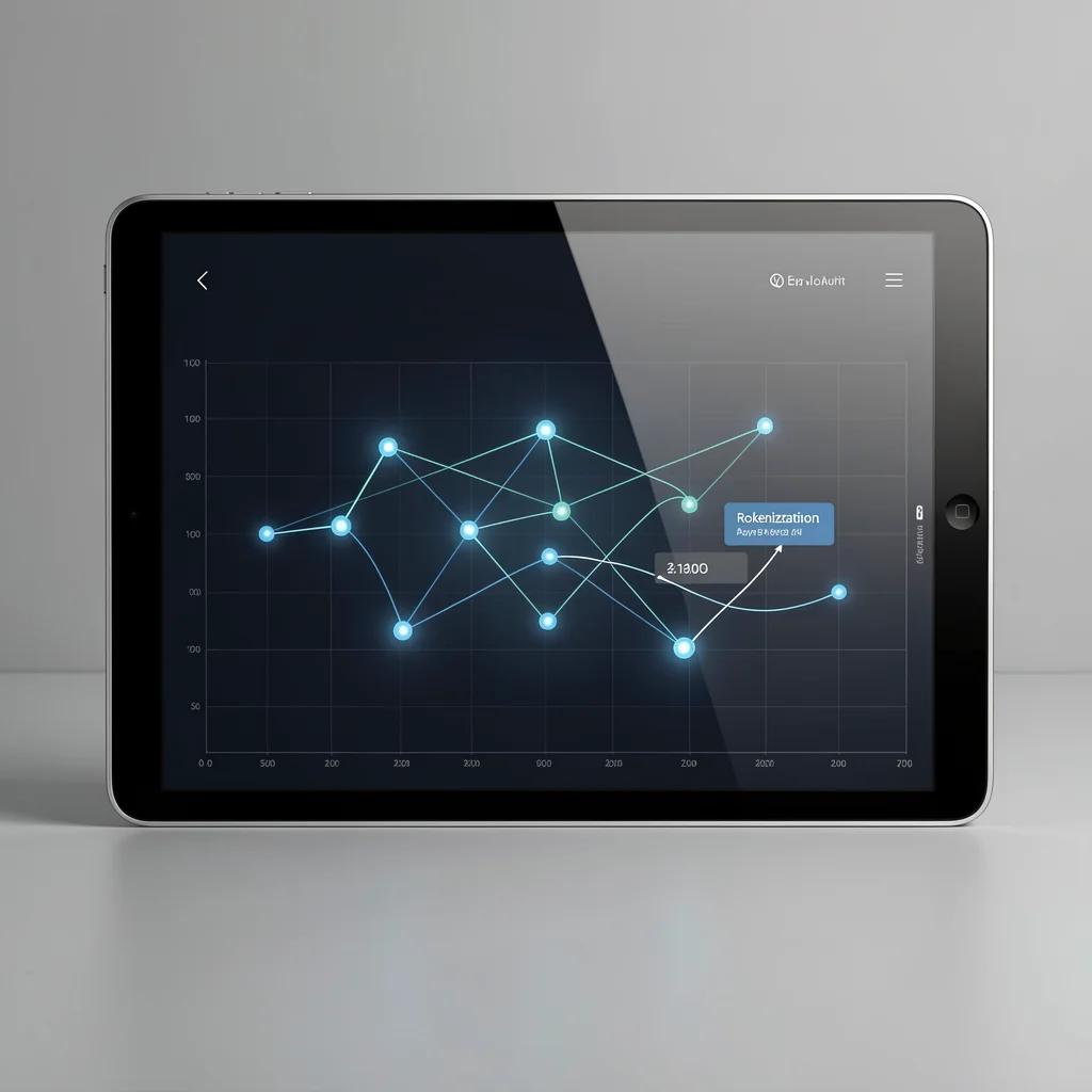 Tablet com dashboard minimalista exibindo visualização abstrata de dados e conexões de tokenização
