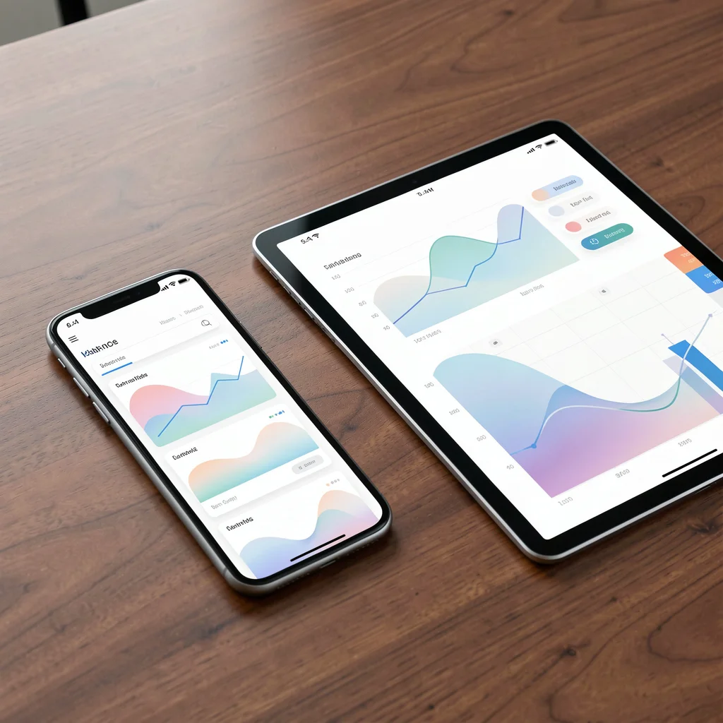 Smartphone e tablet modernos sobre mesa de madeira exibindo interfaces abstratas de dashboard financeiro com gráficos minimalistas