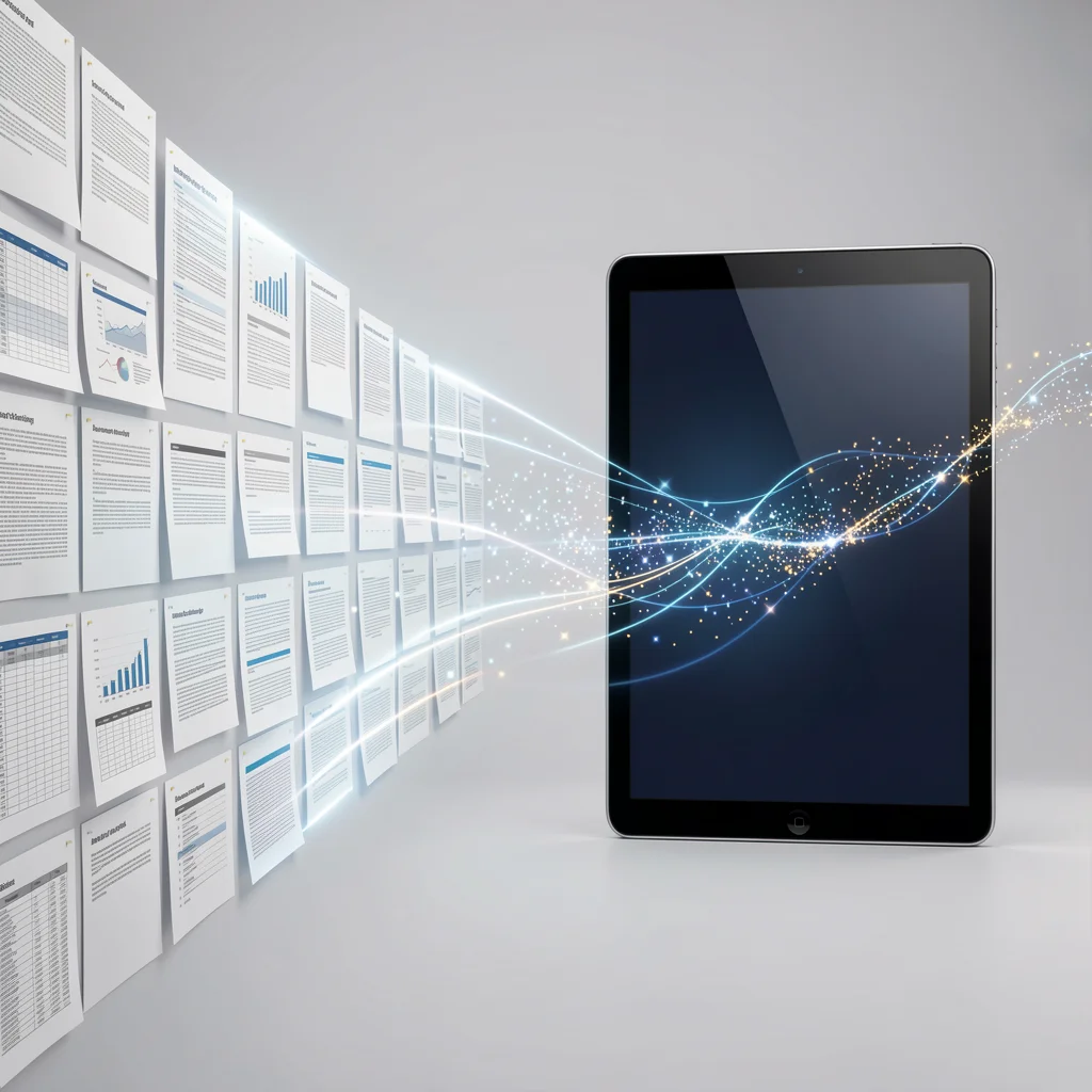 Transição visual de planilhas de papel para um tablet digital com fluxo de dados abstrato entre eles