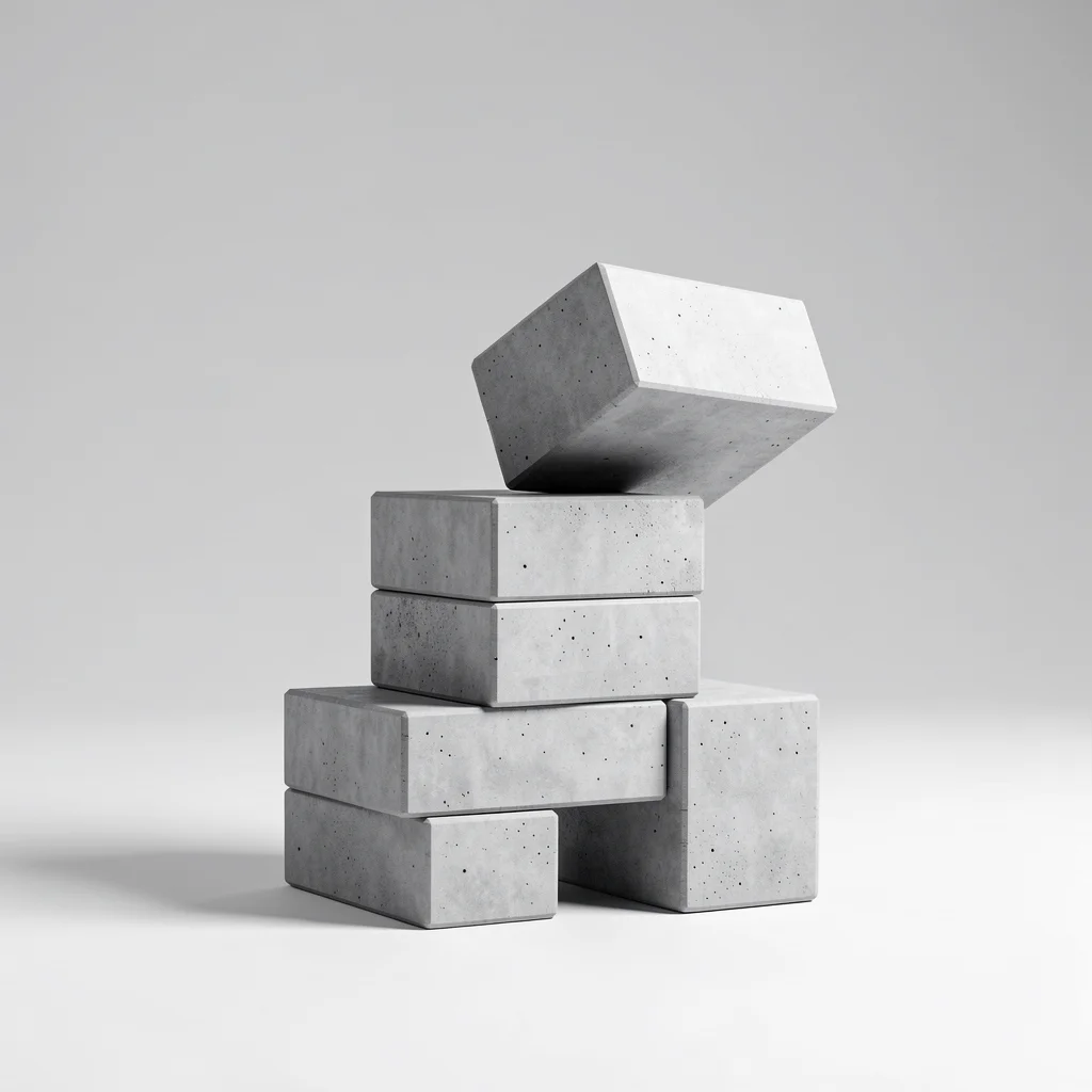 Blocos de concreto polido empilhados de forma instável, com um bloco inclinado, simbolizando erros na automação financeira