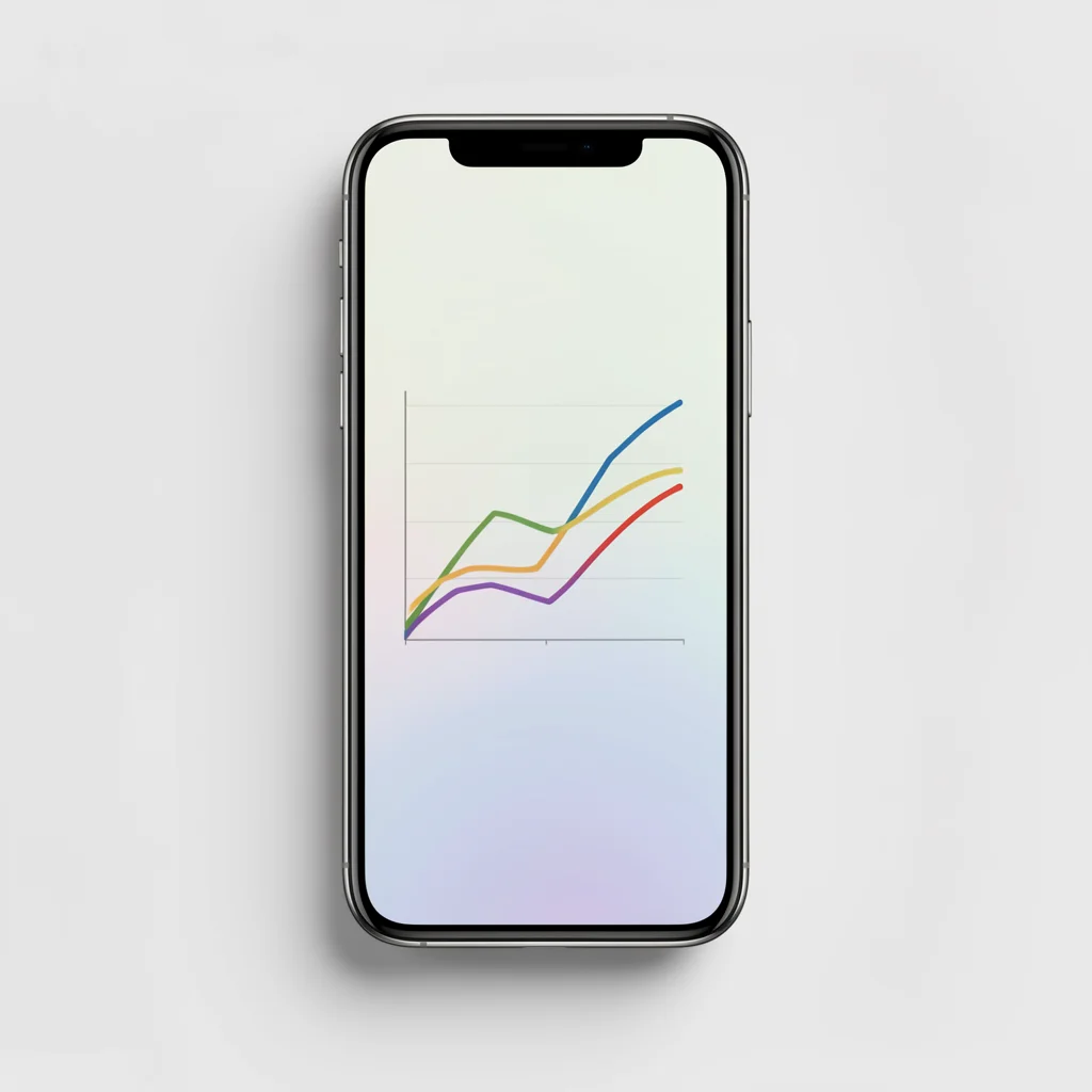 Smartphone moderno exibindo gráfico de linhas abstrato com múltiplas tendências coloridas, representando a análise do Google Trends