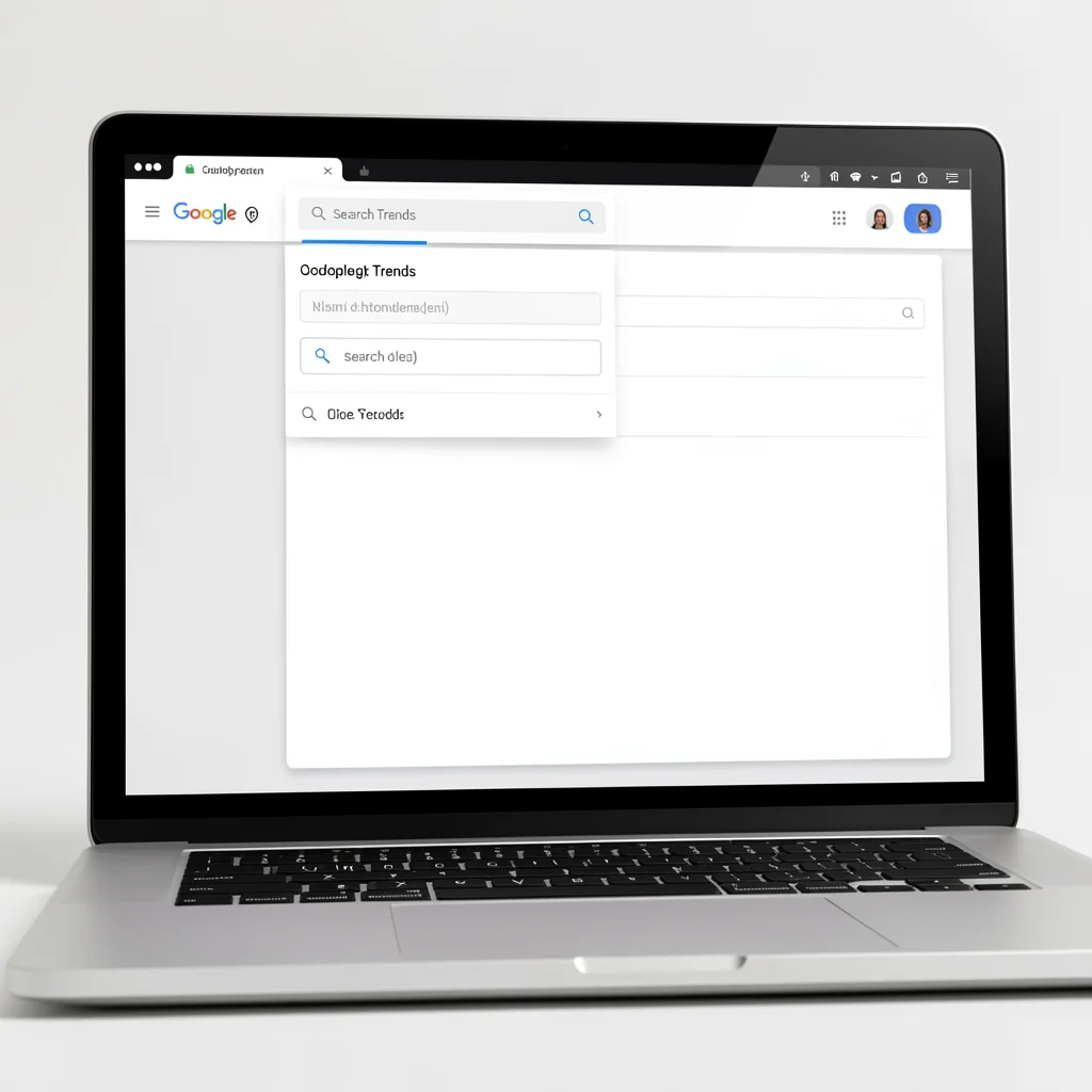 Tela de laptop com interface do Google Trends exibindo campo de pesquisa preenchido e gráfico vazio