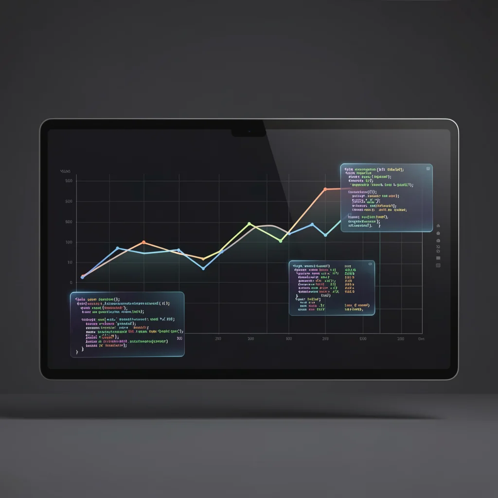 Dashboard moderno com gráficos de linhas abstratos e trechos de código flutuando, representando scraping de dados do Google Trends com Python