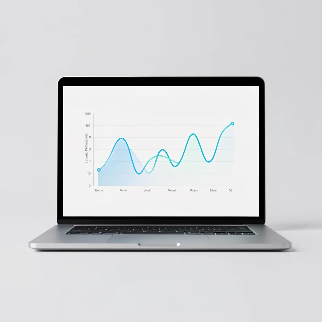 Mockup de laptop exibindo gráfico de linha abstrato representando volume de busca ao longo do tempo, com iluminação suave de estúdio.