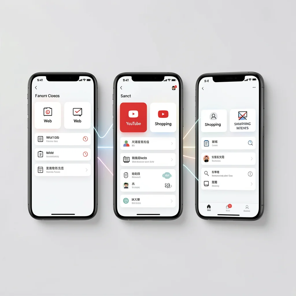 Interface abstrata com três abas representando os filtros Web, YouTube e Shopping, com linhas de conexão suaves.
