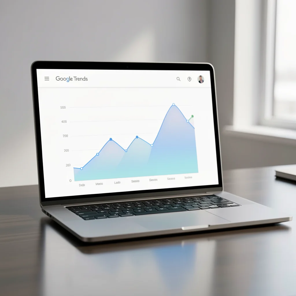 Laptop aberto exibindo gráfico abstrato do Google Trends em ambiente corporativo clean