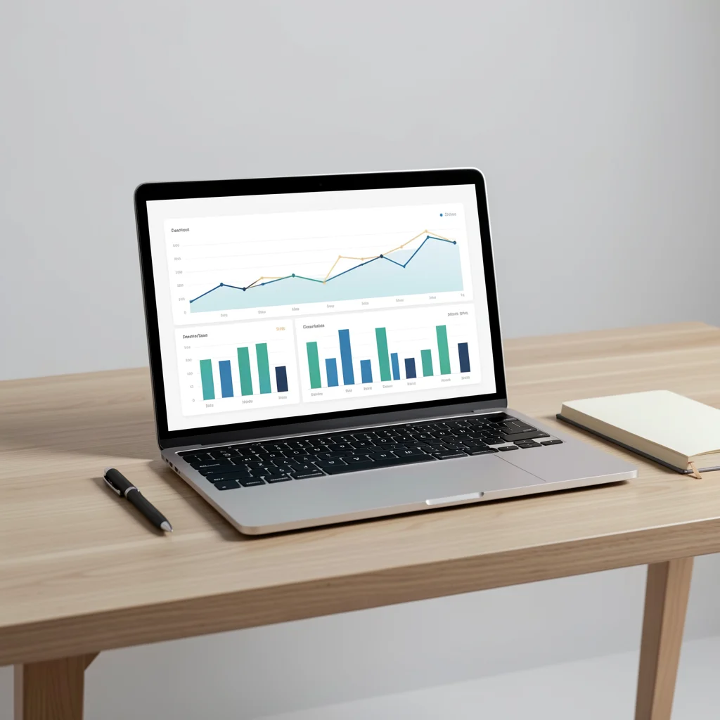 Laptop aberto sobre mesa de madeira exibindo dashboard abstrato com gráficos de linha e barra, ao lado de caderno e caneta