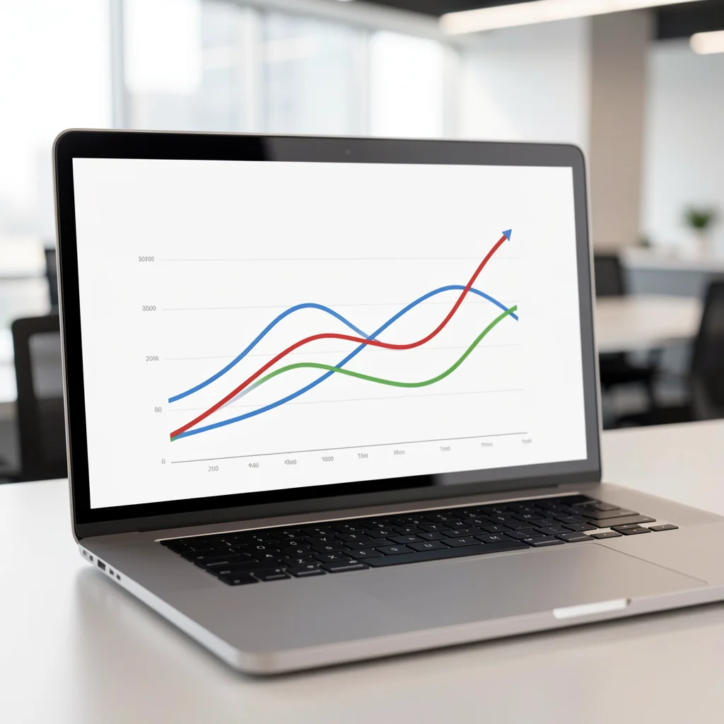 Captura de tela de laptop mostrando gráfico de linhas do Google Trends com curvas abstratas coloridas