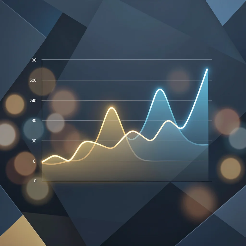 Gráfico de linhas abstrato representando tendências sazonais de busca, com picos e vales em gradiente azul e dourado, fundo com luzes suaves.