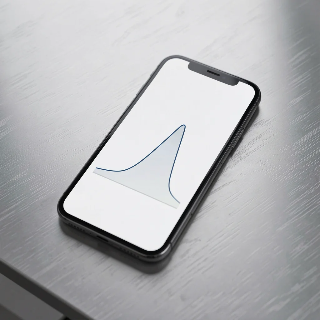 Smartphone premium sobre mesa de alumínio escovado com tela exibindo gráfico de linha abstrato com um pico destacado.
