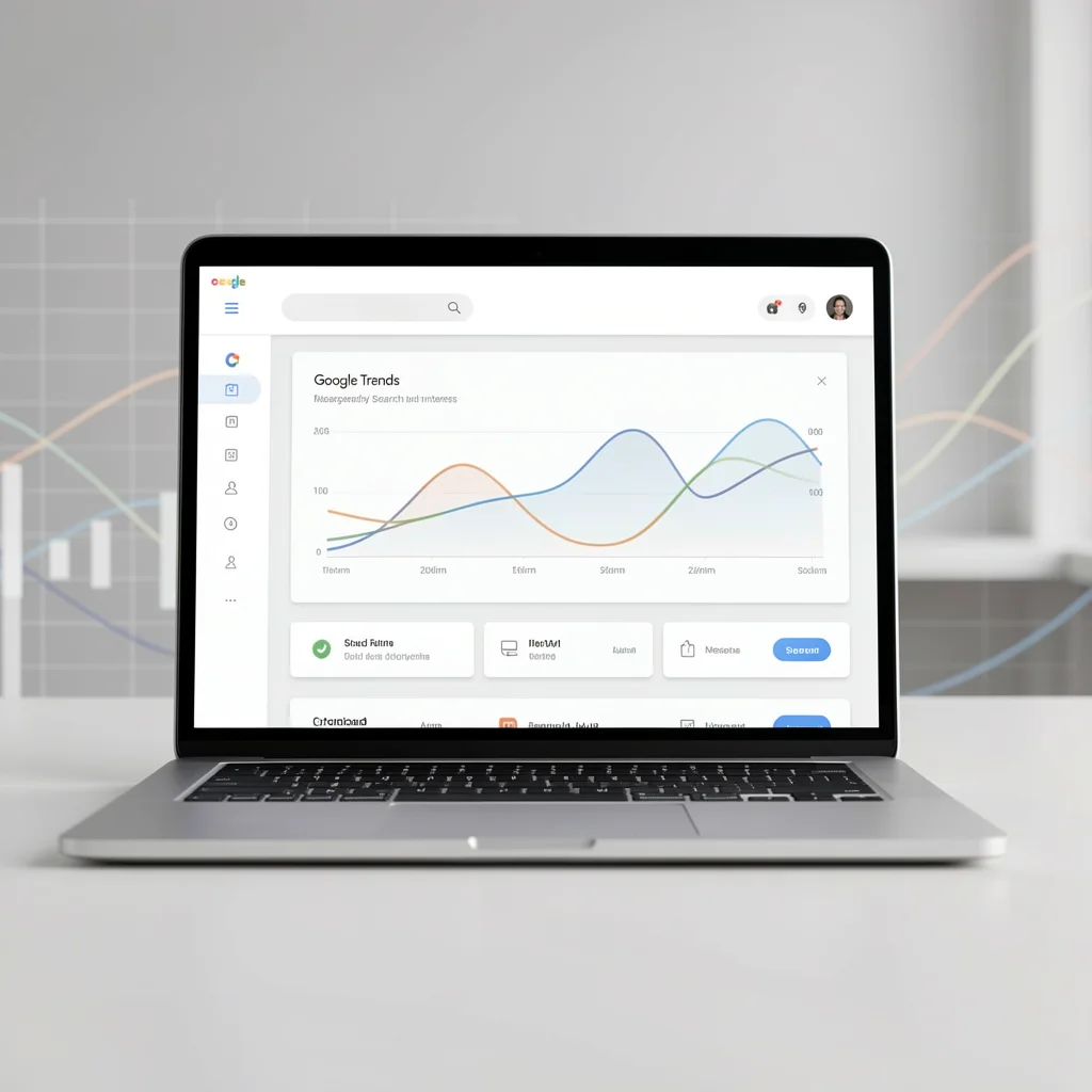 Laptop com tela exibindo interface do Google Trends com curvas de interesse e filtros abstratos, em estilo editorial corporativo