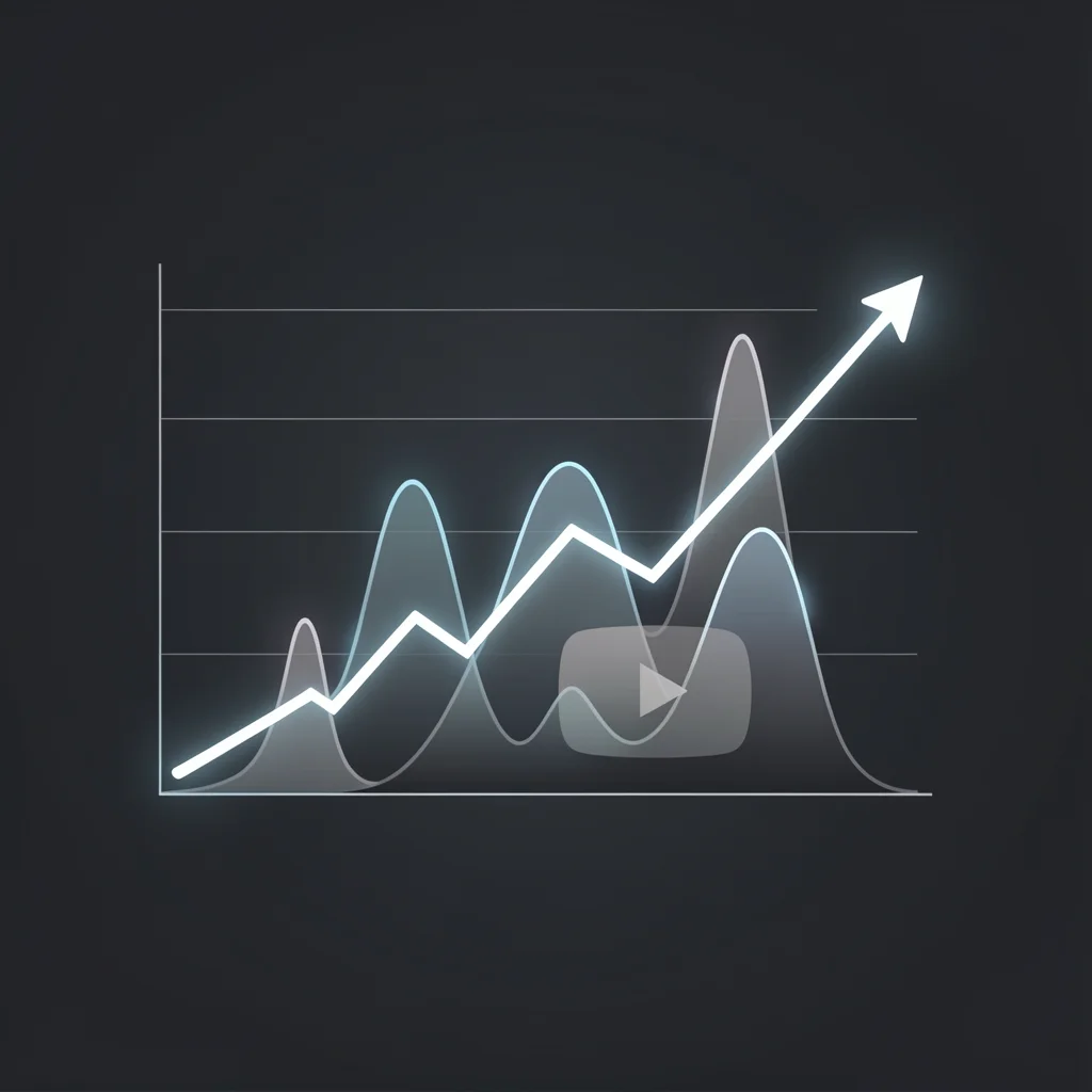Gráfico de linha ascendente com picos de volume de busca e ícone do YouTube, representando temas em alta