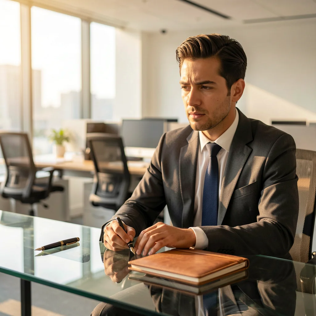 Profissional em escritório moderno observando mesa de trabalho com foco em organização financeira.