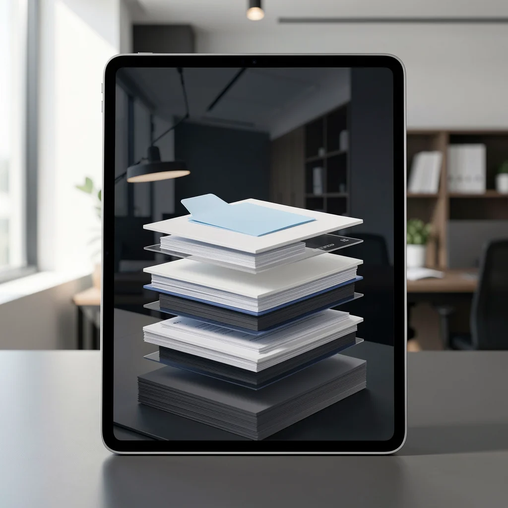 Interface digital minimalista exibindo organização de documentos fiscais em um tablet premium.