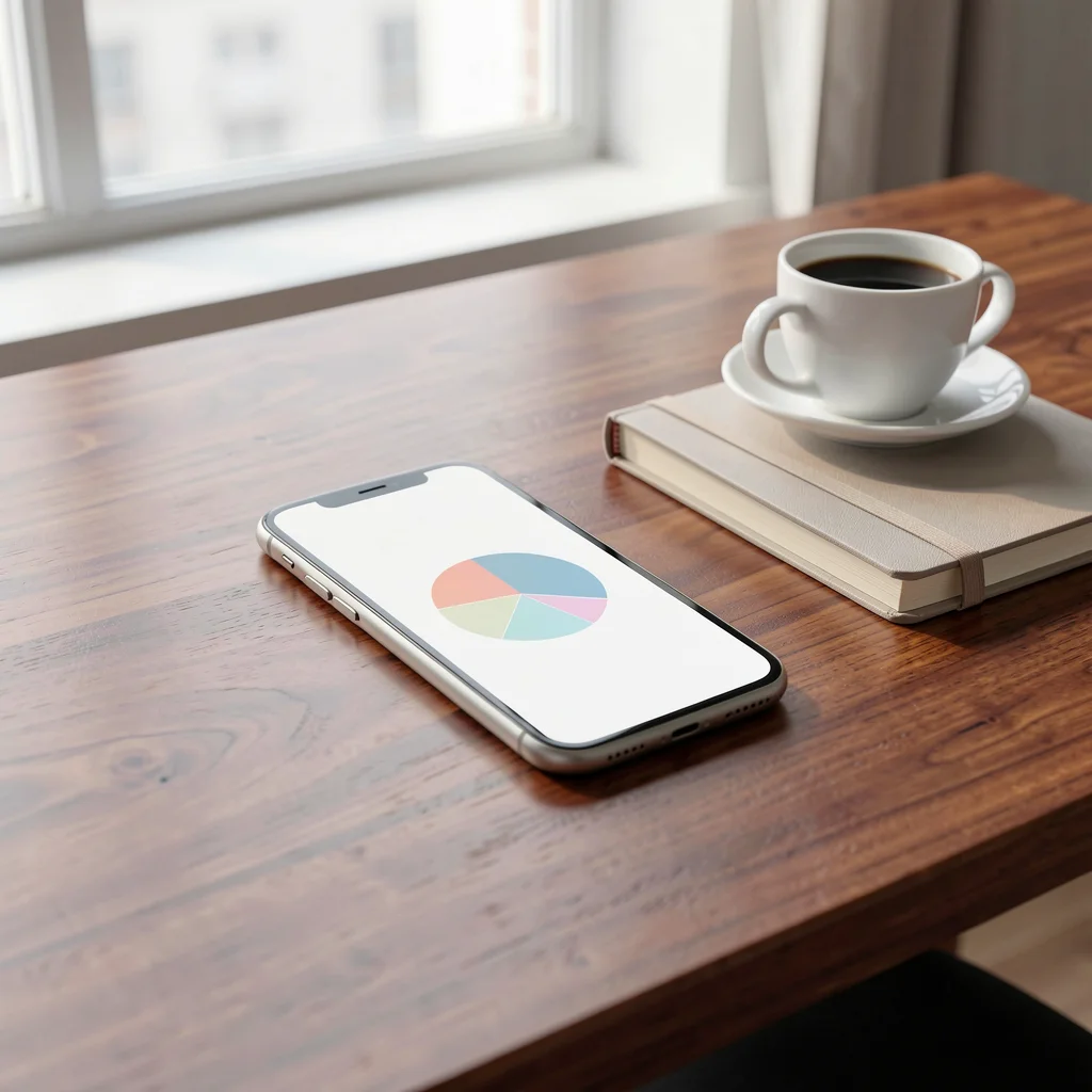 Smartphone sobre mesa de madeira com gráfico circular colorido na tela, ao lado de caderno e café.