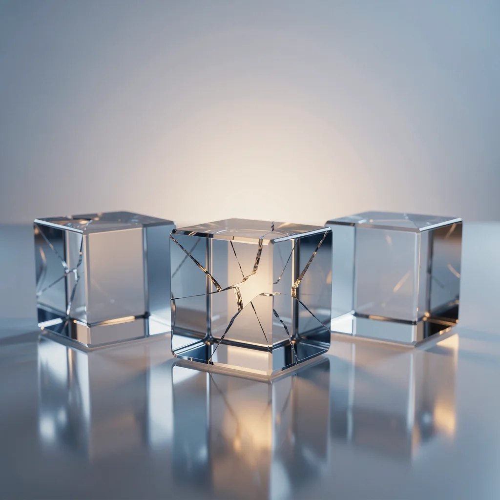 Três cubos de vidro sobre superfície refletiva, um deles rachado e com iluminação fraca, representando erros.