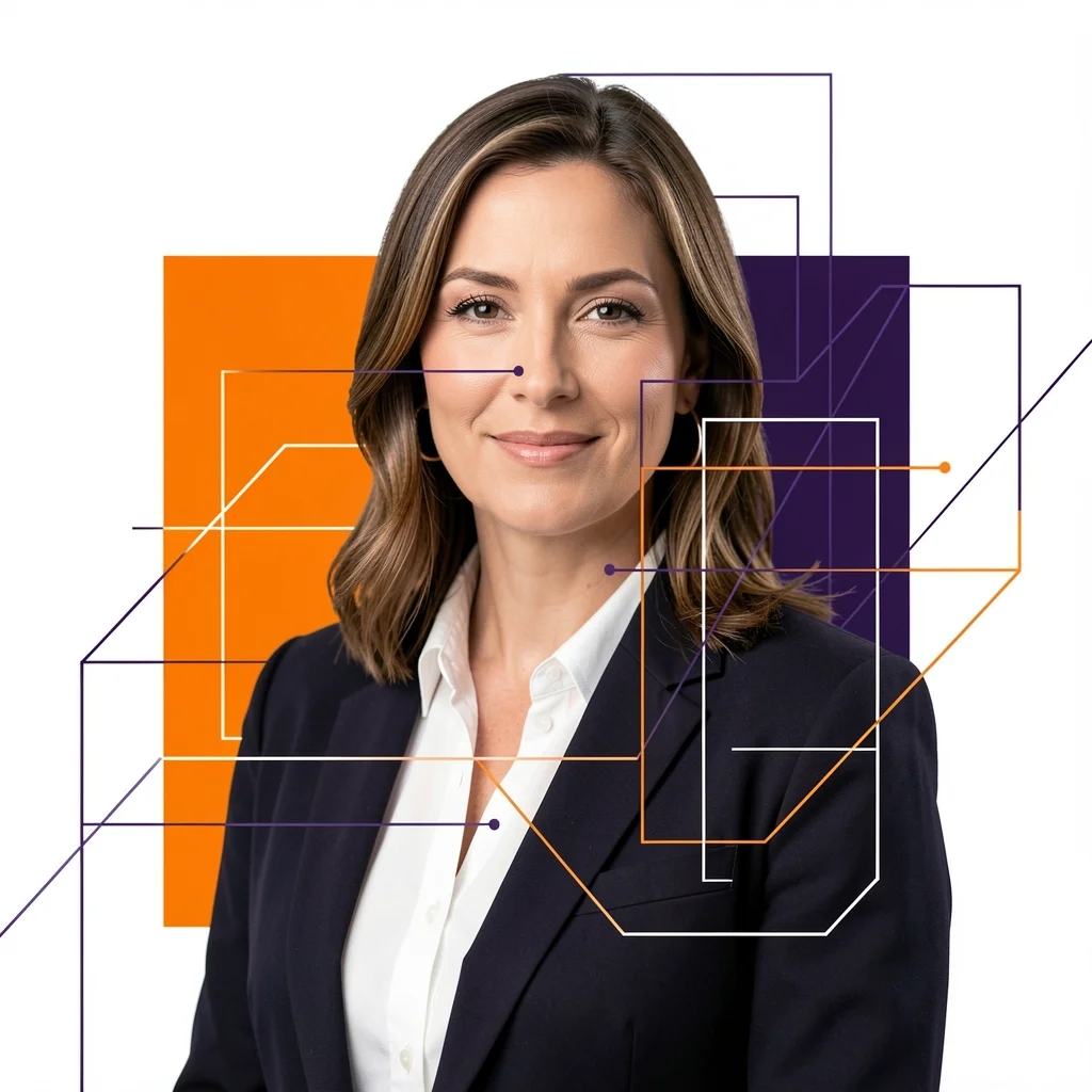 Profissional corporativa em ambiente moderno com elementos gráficos em laranja e roxo.