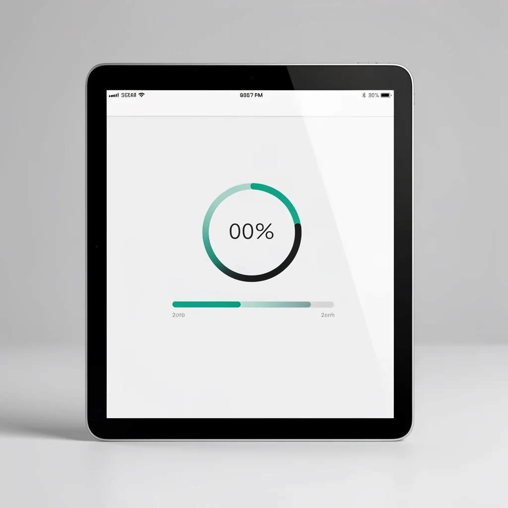 Mockup de tela de dispositivo com interface minimalista mostrando timer abstrato e barra de progresso