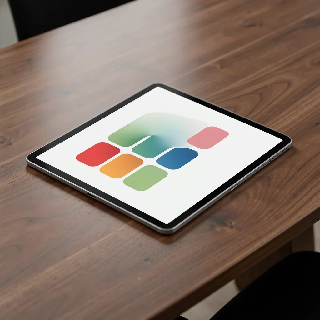 Tablet exibindo uma paleta de cores abstrata e gradiente sobre uma mesa de madeira, representando a escolha de esquemas de cores para landing page.
