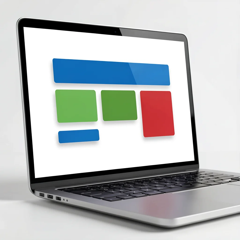Wireframe de landing page minimalista em laptop, com elementos de interface destacados em azul, verde e vermelho para ilustrar aplicação de cores.