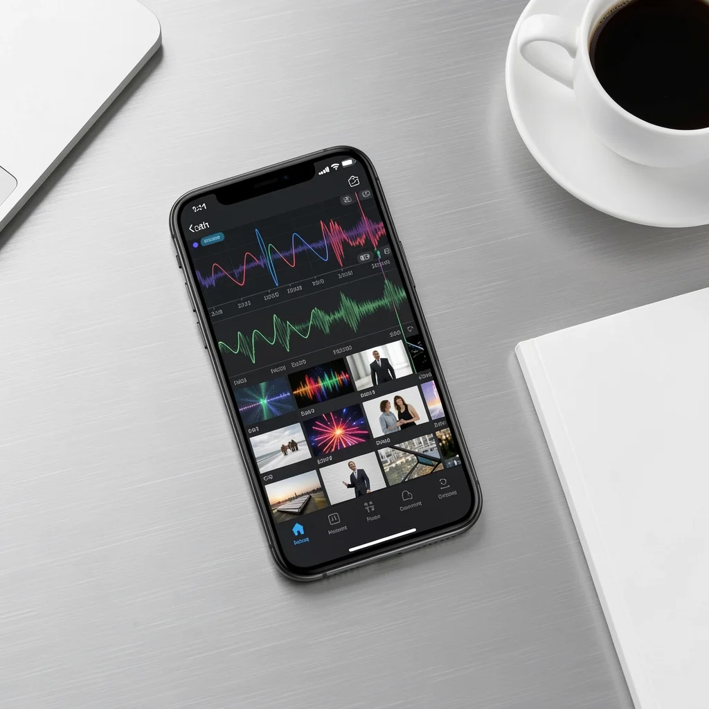 Smartphone exibindo tela de edição de vídeo com formas abstratas sobre mesa de alumínio escovado