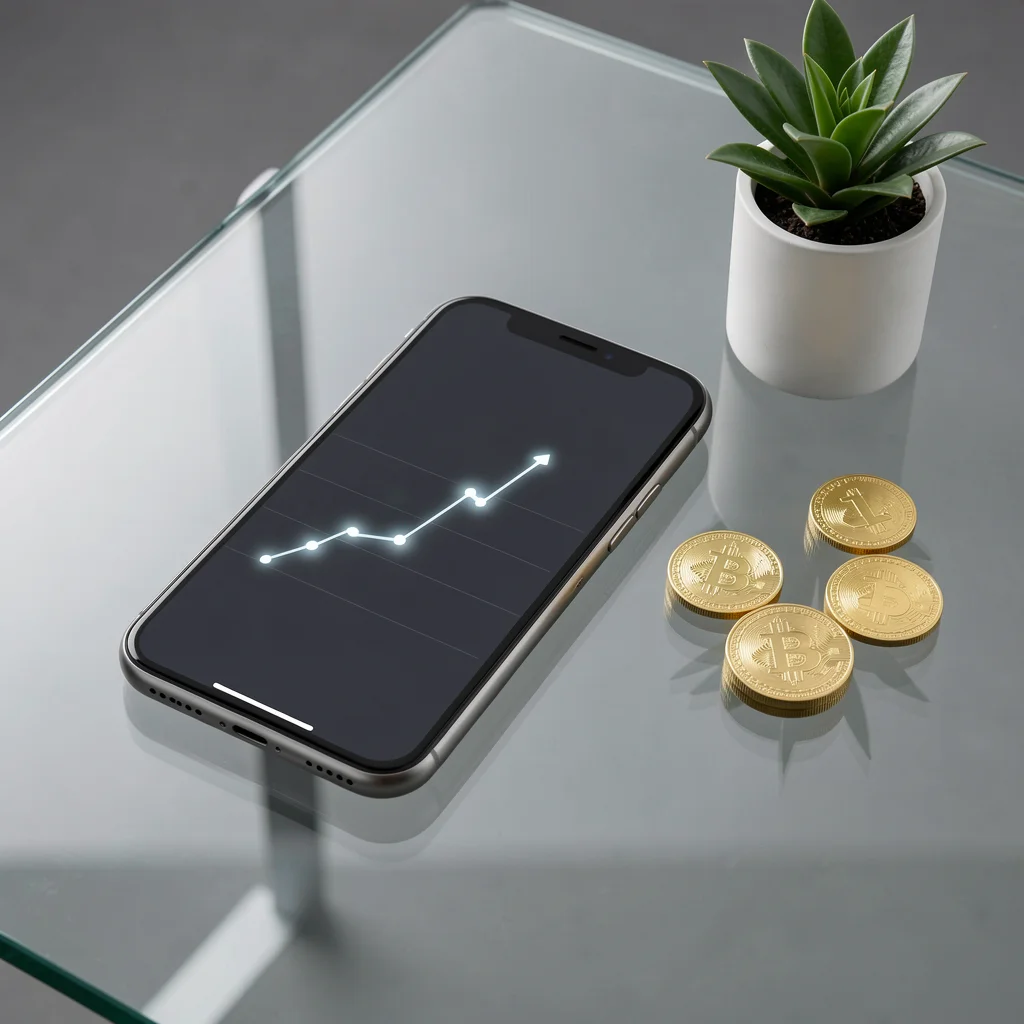 Smartphone sobre mesa de vidro com gráfico de tendência ascendente e moedas ao lado