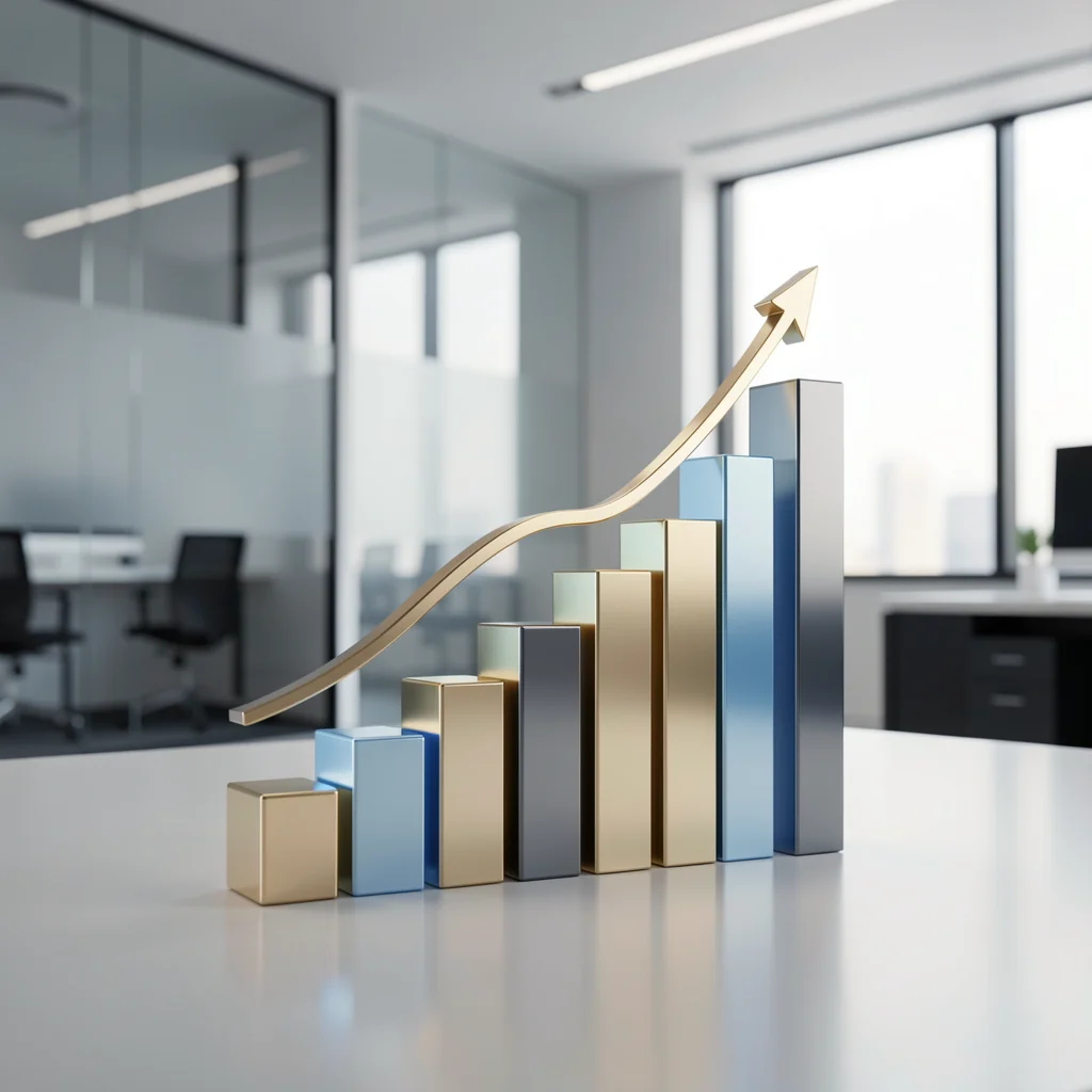 Gráfico elegante em 3D representando o crescimento do mercado de infoprodutos no Brasil, com barras ascendentes e linhas de tendência em ambiente corporativo.