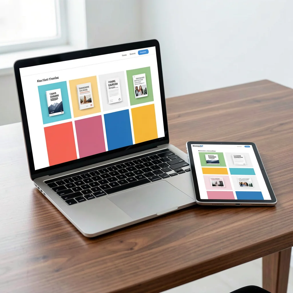Mockup de laptop e tablet exibindo blocos abstratos coloridos que representam diferentes tipos de infoprodutos digitais.