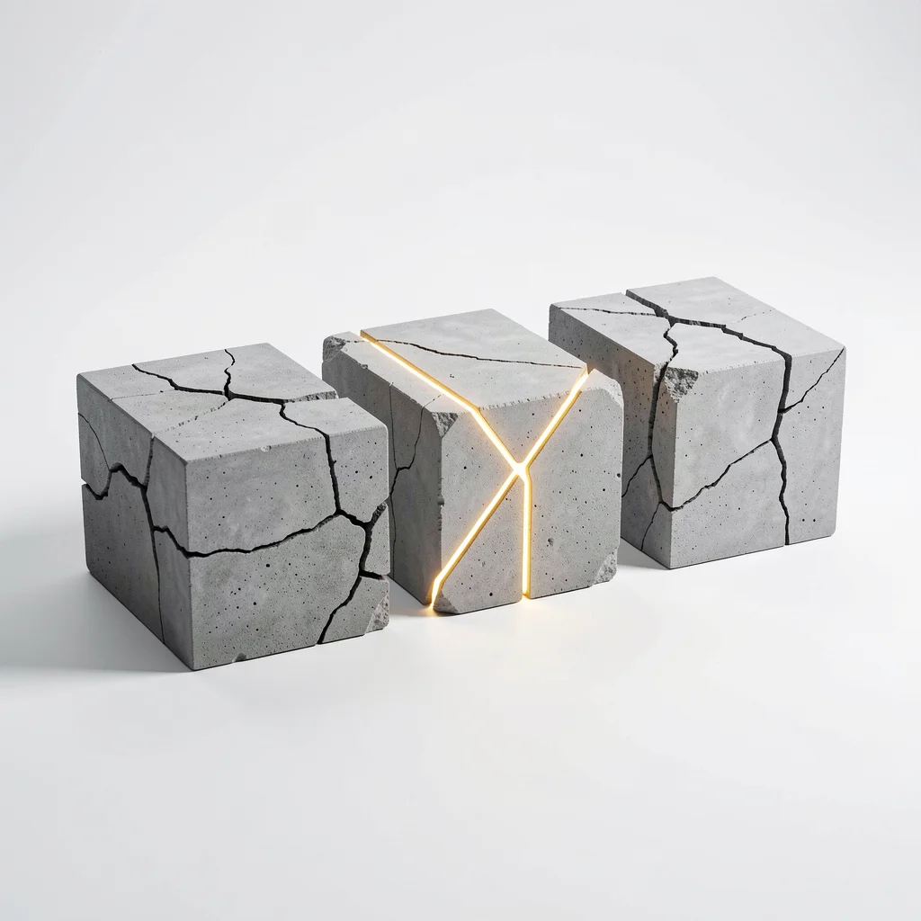 Três blocos de concreto, um deles reparado com uma linha dourada, simbolizando erros e correções no desenvolvimento de infoprodutos.