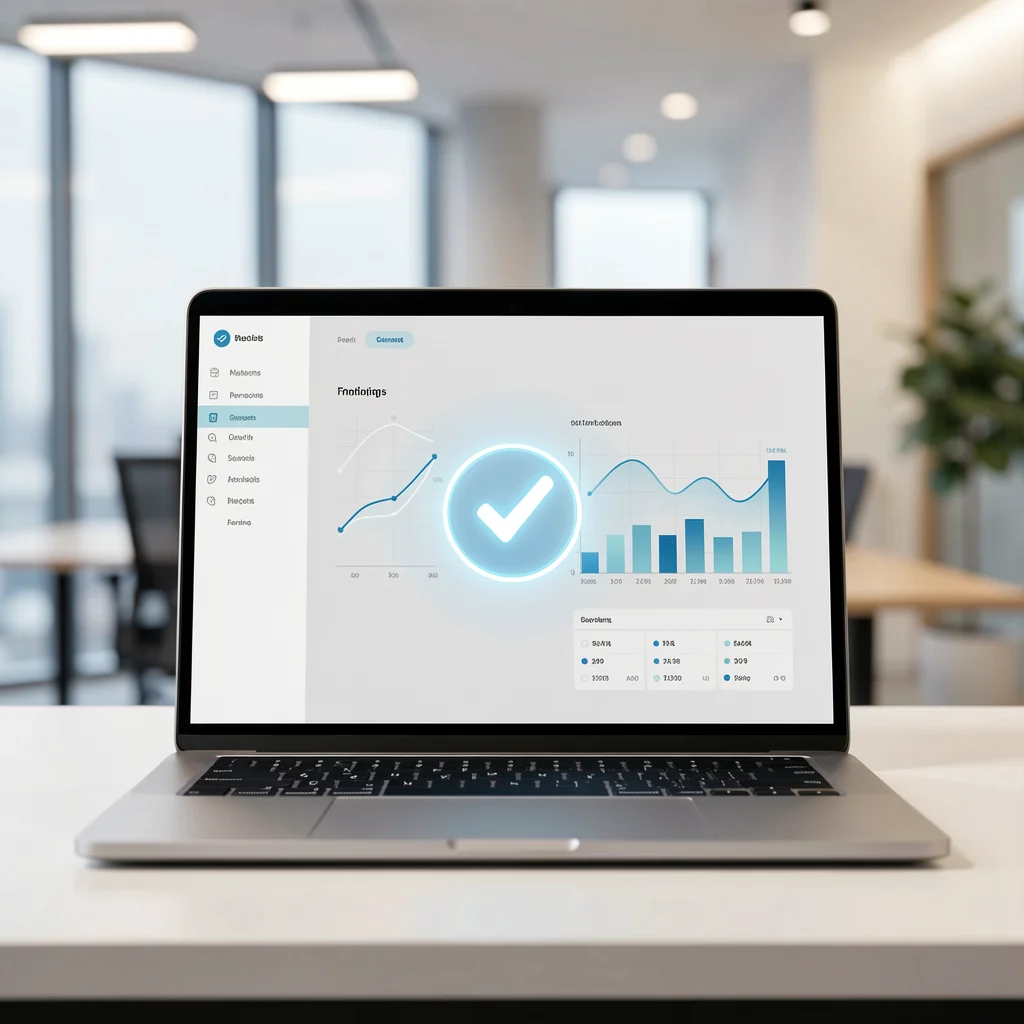 Dashboard minimalista em laptop prateado com gráficos abstratos e ícone de verificação centralizado em ambiente corporativo iluminado.