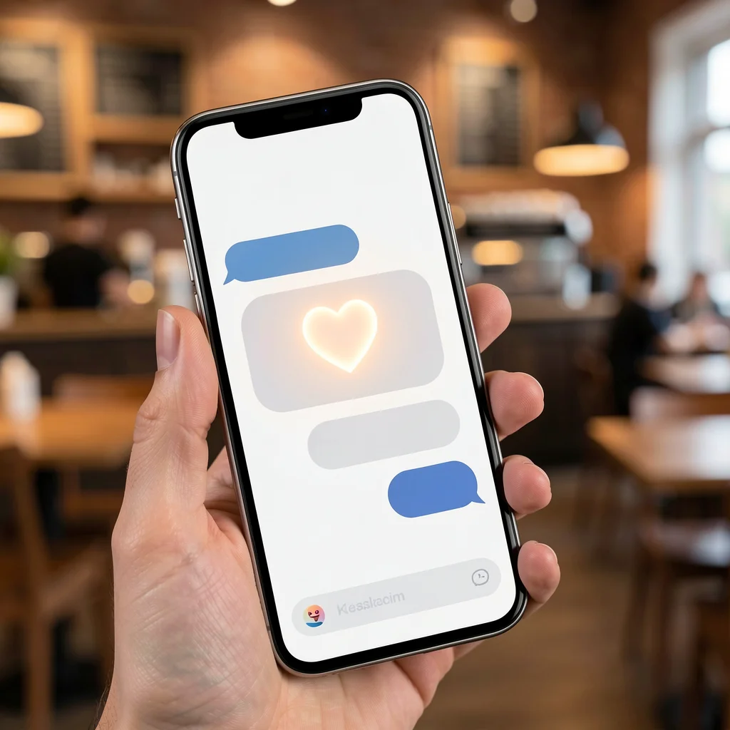 Mão segurando smartphone com interface de chat abstrata e ícone de coração em fundo desfocado de cafeteria.