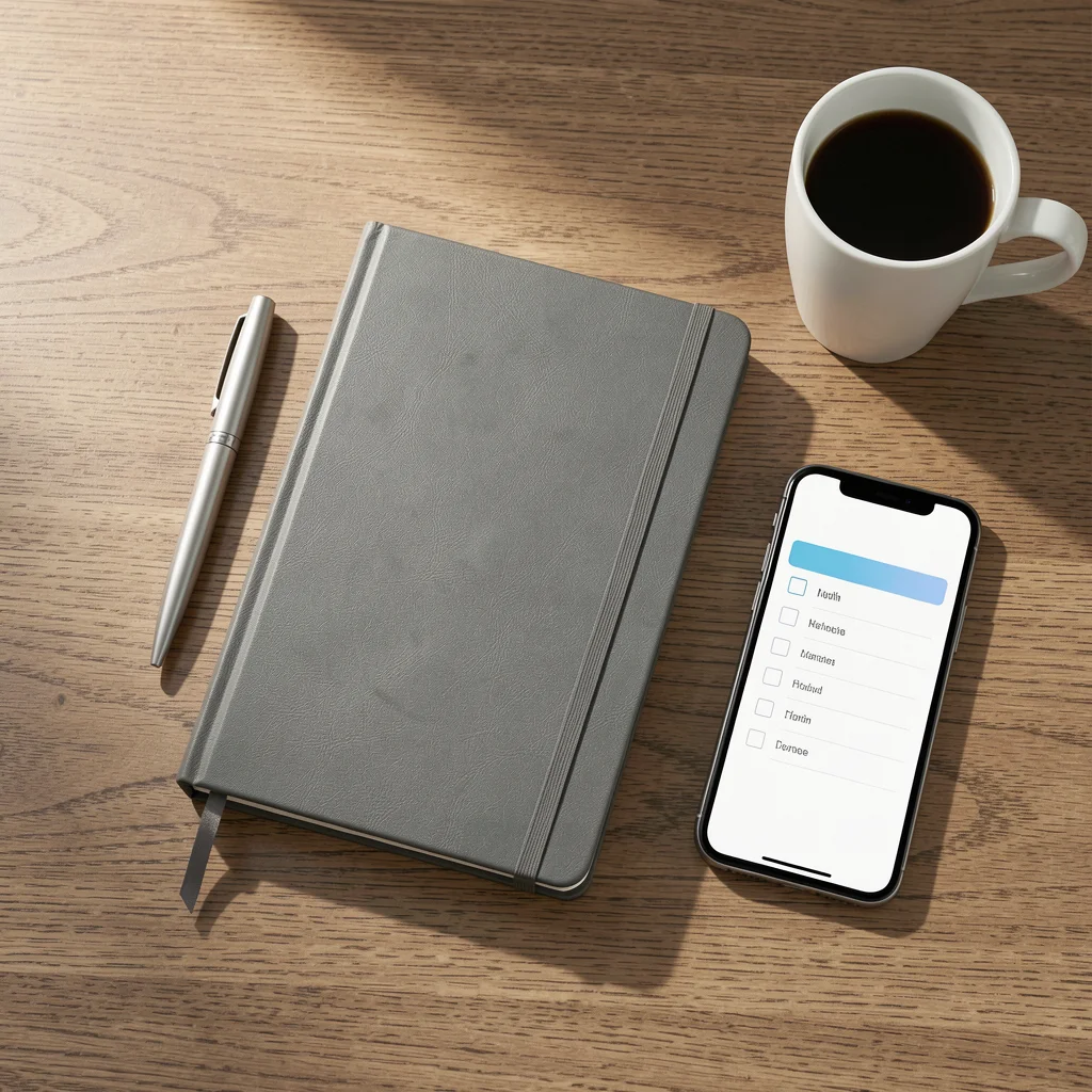 Mesa de madeira com caderno, caneta, smartphone e xícara de café em composição minimalista e iluminação natural.