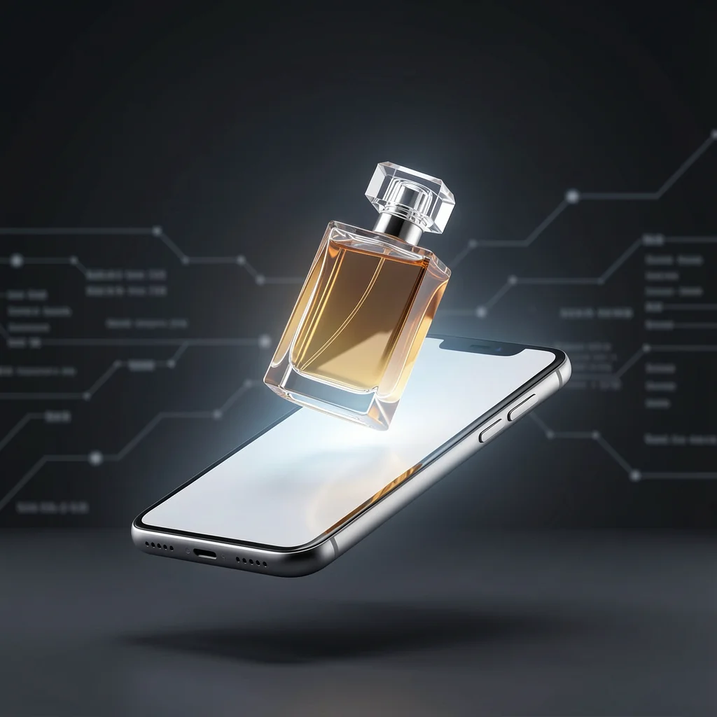 Smartphone flutuante com produto saindo da tela em fundo escuro, representando venda por impulso no TikTok