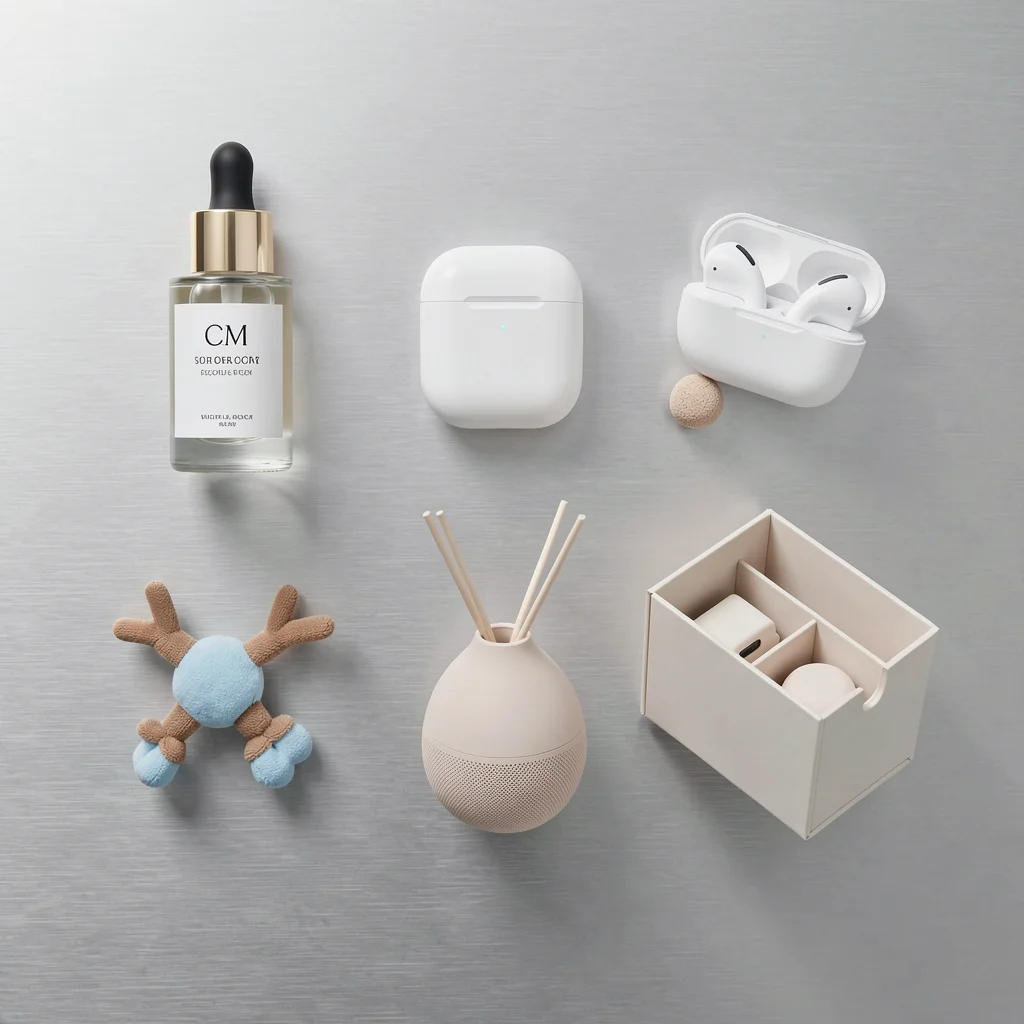 Composição minimalista de cinco produtos representando categorias: beleza, gadgets, pet, bem-estar e organização