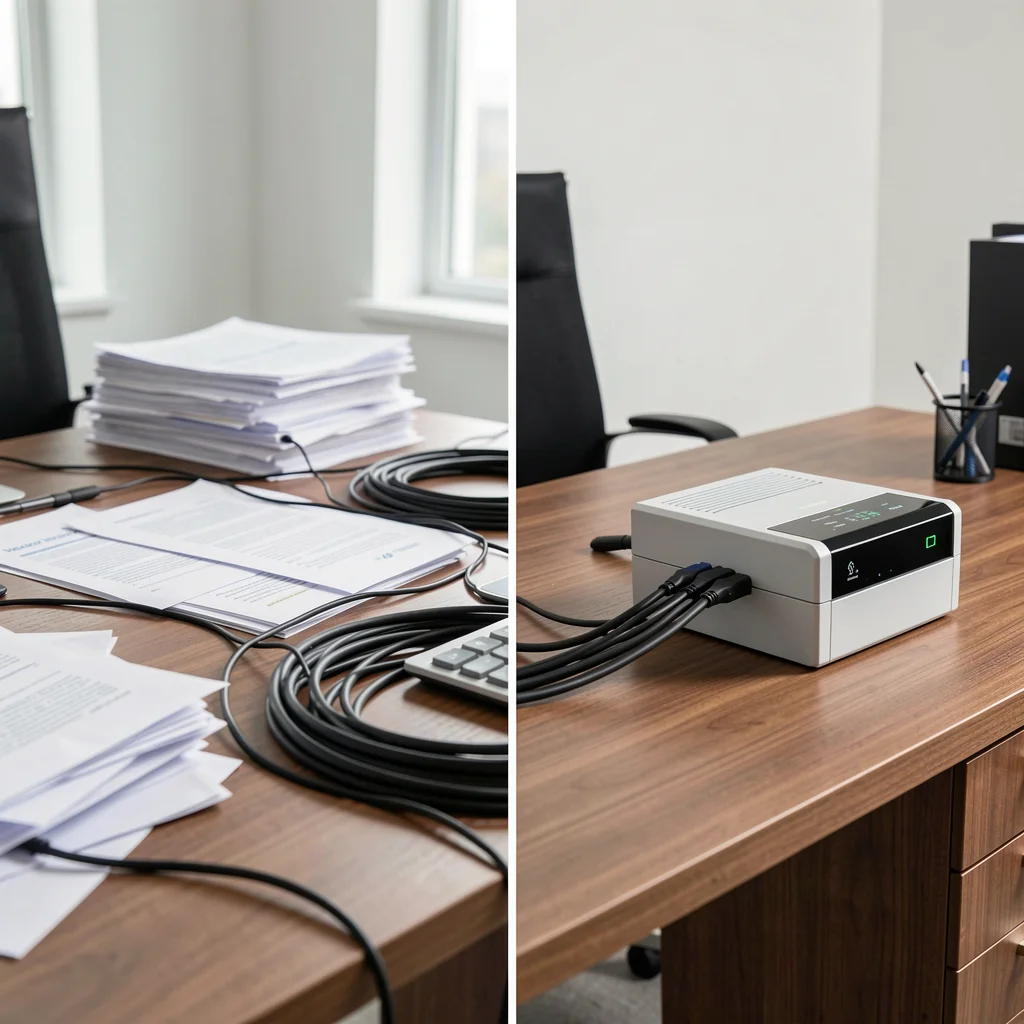 Divisão de tela mostrando antes e depois de uma mesa organizada com produto de organização