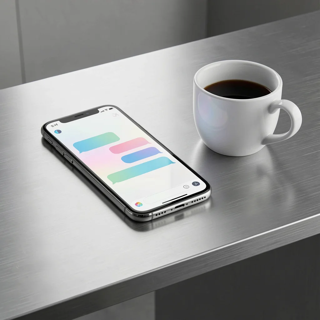 Smartphone moderno sobre mesa de alumínio exibindo interface de chat abstrata, representando o uso do ChatGPT como ferramenta gratuita de trabalho.