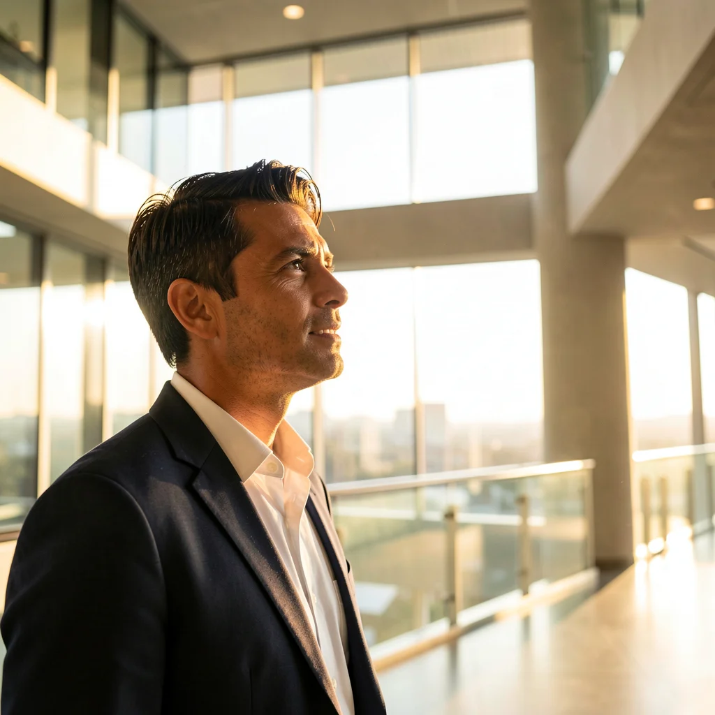 Profissional em ambiente corporativo moderno com iluminação natural, transmitindo visão e impacto social.