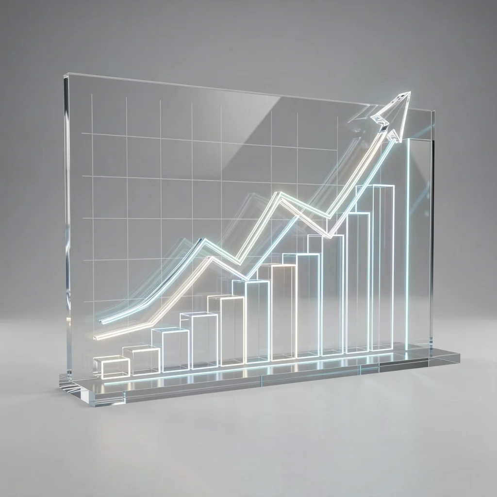 Visualização abstrata de dados financeiros com gráfico 3D elegante e linhas luminosas, representando cálculo de ganho de capital.