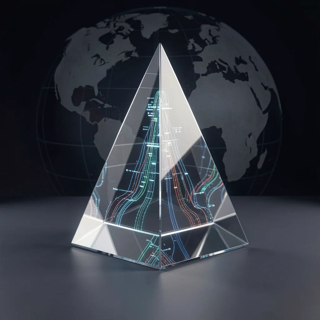 Prisma de vidro transparente com fluxos de dados digitais em seu interior, representando criptoativos no exterior.