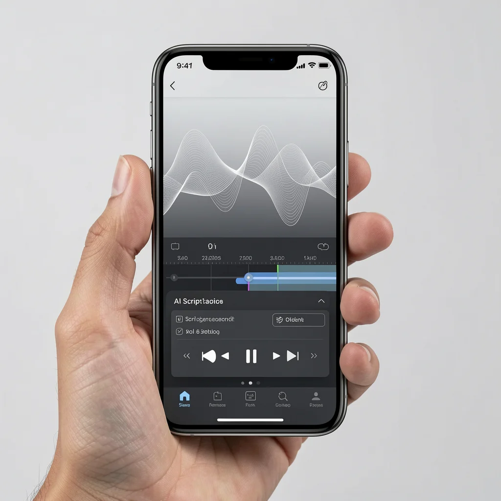Smartphone com interface de edição de vídeo por IA, mostrando painel de roteiro e linha do tempo