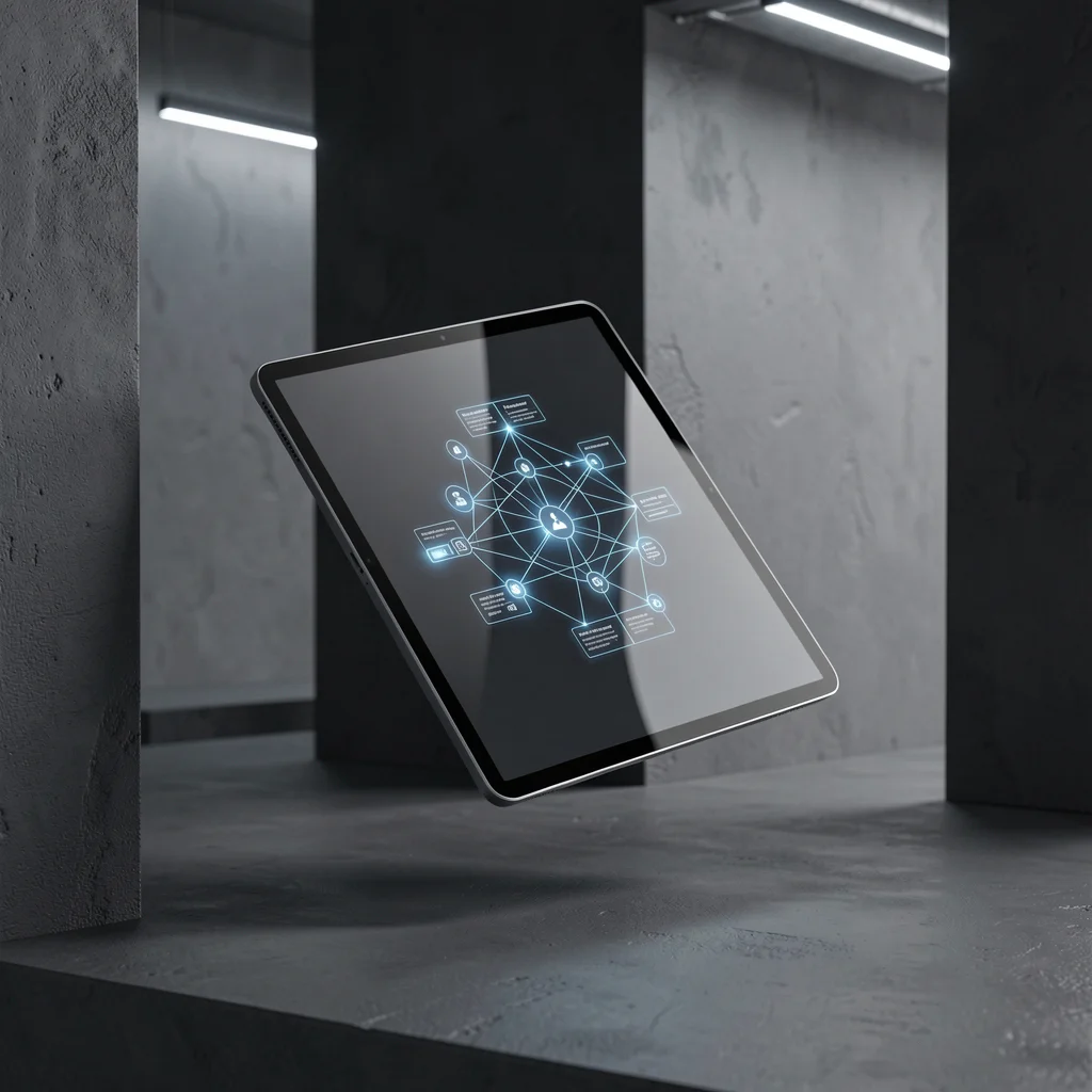 Tablet premium exibindo um dashboard abstrato e minimalista de análise de dados corporativos em um ambiente de escritório moderno.