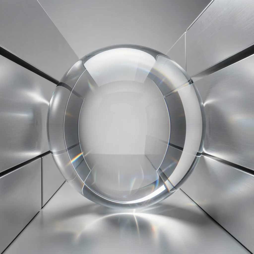 Metáfora visual de ética em IA, mostrando uma esfera de dados sendo filtrada por estruturas metálicas precisas.