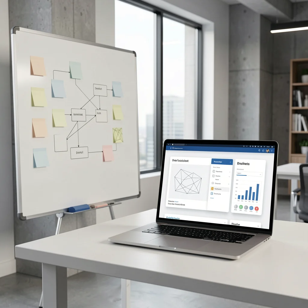 Processo de estruturação de infoproduto com quadro de ideias e laptop com wireframe