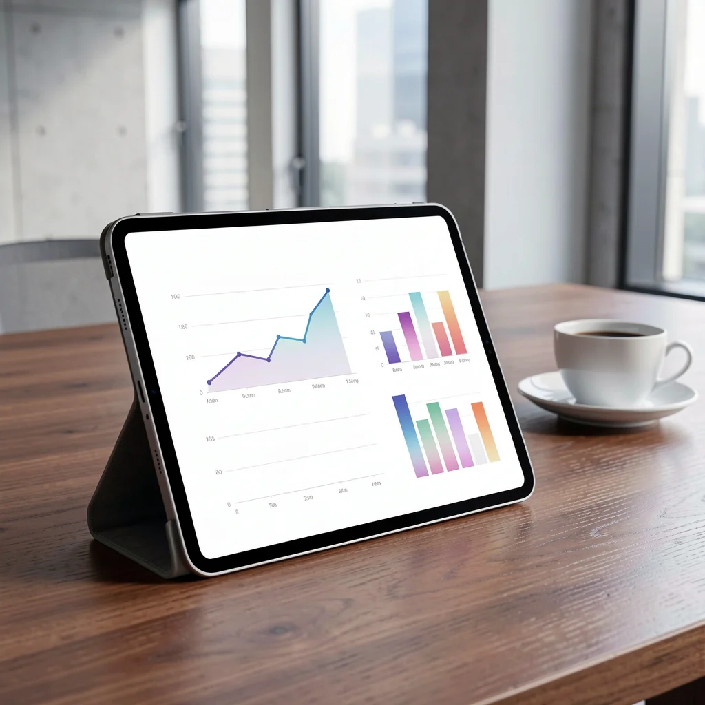 Tablet exibindo gráficos abstratos de métricas de lançamento de infoproduto