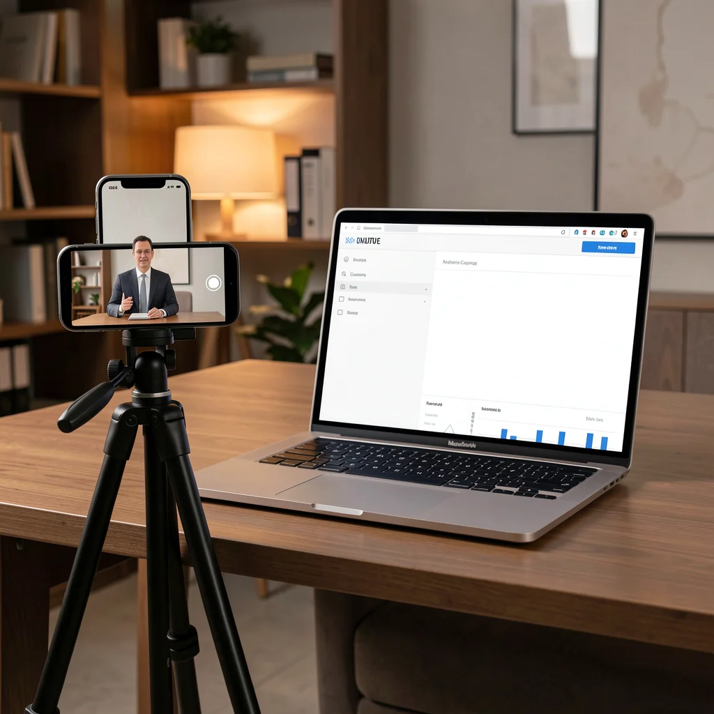 Cena de criação de conteúdo orgânico com smartphone e laptop para pré-lançamento