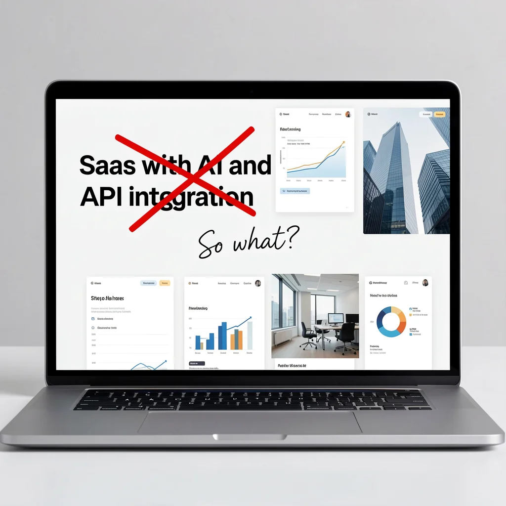 Close de tela de laptop com headline de landing page riscada e anotação