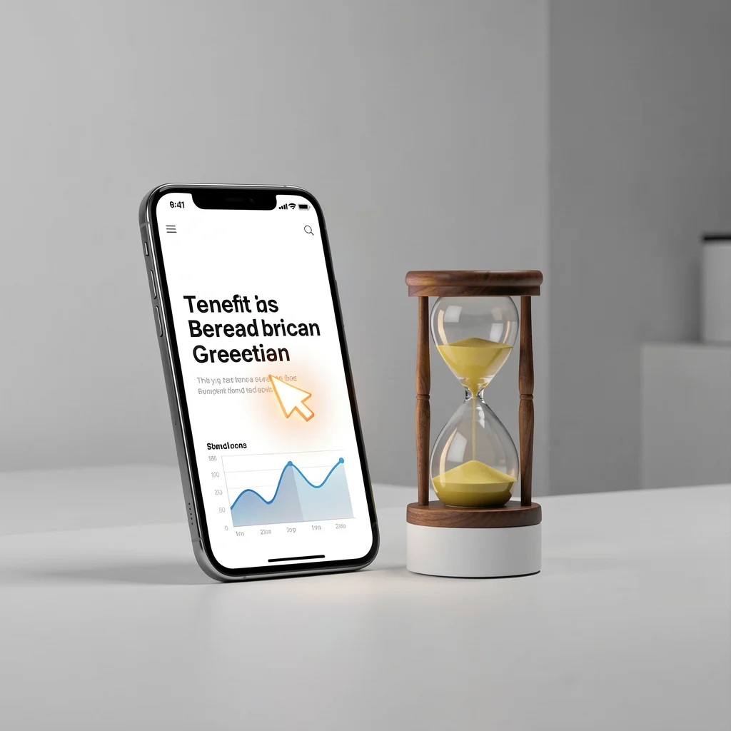 Smartphone exibindo landing page com headline focado em benefício, ao lado de ampulheta simbolizando os 15 segundos de atenção do visitante