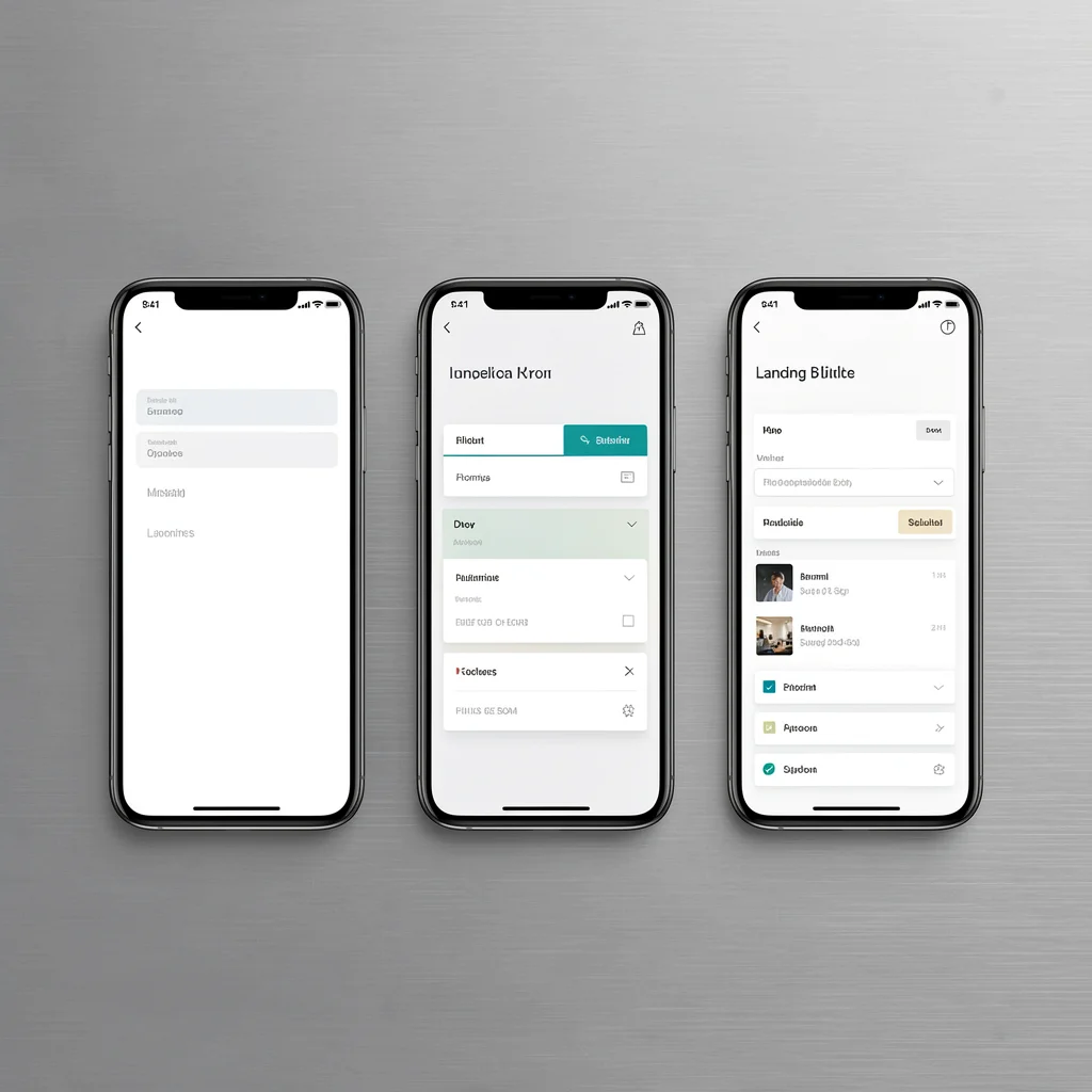 Três smartphones alinhados mostrando interfaces de diferentes ferramentas de criação de landing pages