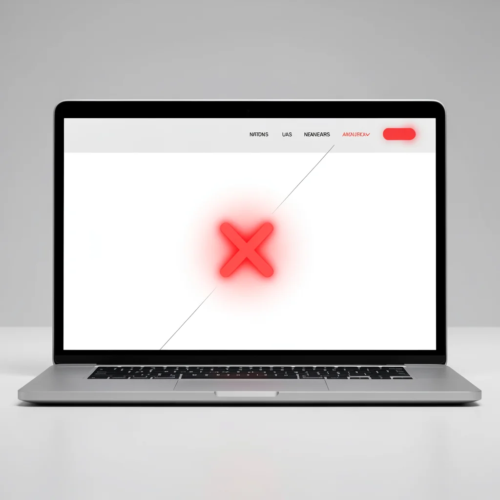 Landing page minimalista em laptop com X vermelho sobre menu de navegação, simbolizando remoção de distrações