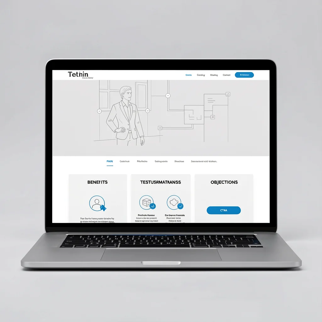 Mockup de tela de laptop exibindo wireframe visual de landing page com seções de copywriting para conversão